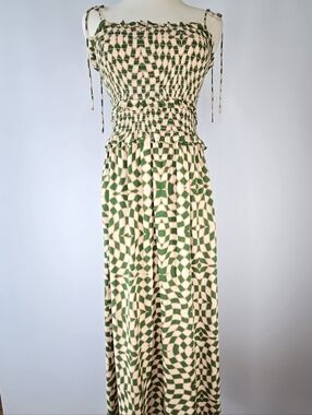 NWT Lush Green Abstract Smocked Sundress Midi Dress Tie Strap Size M